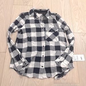 NWT Zara Basic Navy Plaid Silk Chiffon Back Shirt Blouse XS